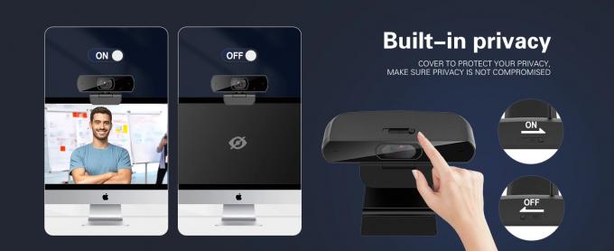 Privacy Shutter 2K Webcam side view demonstrating 360° adjustable stand and mounting options